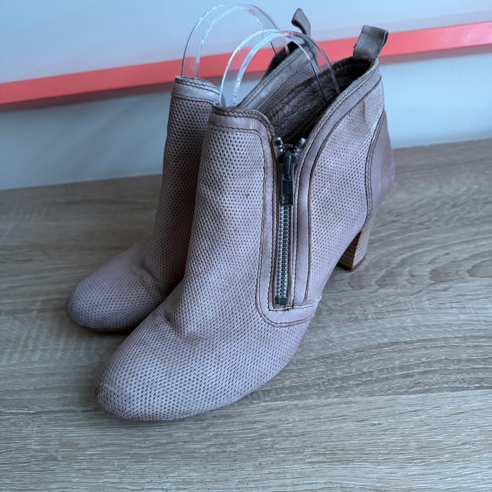 Felmini Taupe Mauve Perforated Leather Ankle Booties Block Heel Size 38